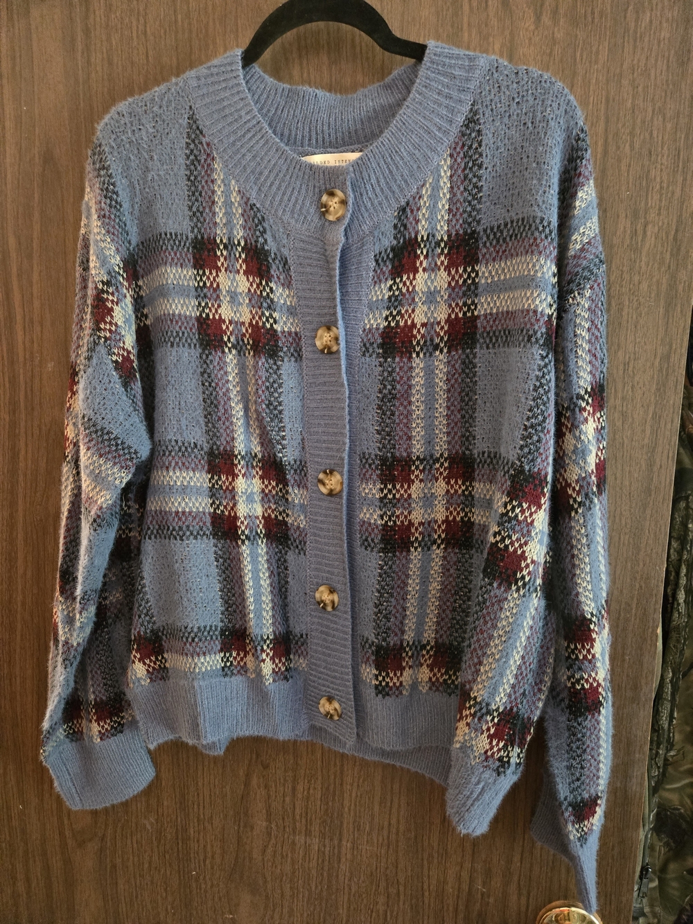 Buckle Blue Plaid Button-Up Knit Cardigan